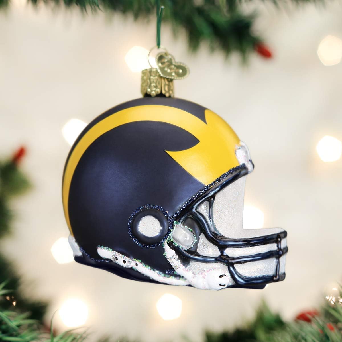 Old World Christmas Michigan Wolverines Football Helmet Glass Blown Ornament for Christmas Tree, Handcrafted Holiday Decoration, University Collection