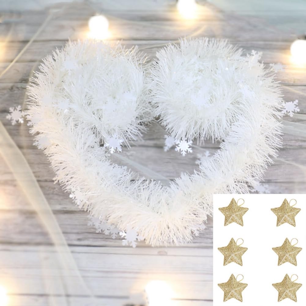Yurosiay White Christmas Garland Set of 2 x 2 m White Garland Christmas Tree with 6 Pieces Glitter Star Pendants Winter Artificial Snowflakes Fir Garland for Fireplace Stairs Railing Gold