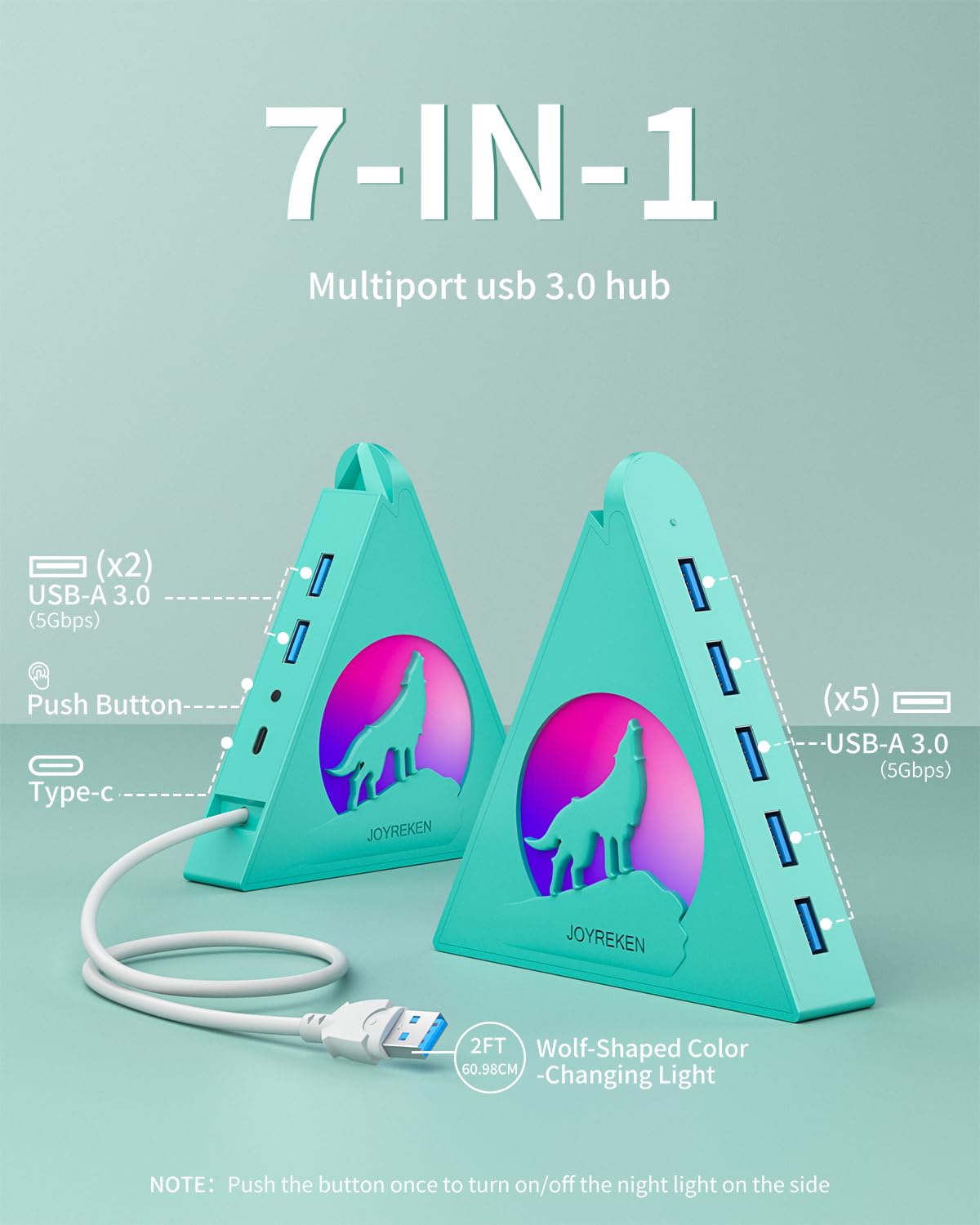 Hub USB 3.0 de 7 puertos, torre vertical USB con iluminación RGB y velocidad de datos de 5 Gbps, cable de 2 pies, divisor de concentrador USB para juegos para PC, escritorio, laptop, PS5