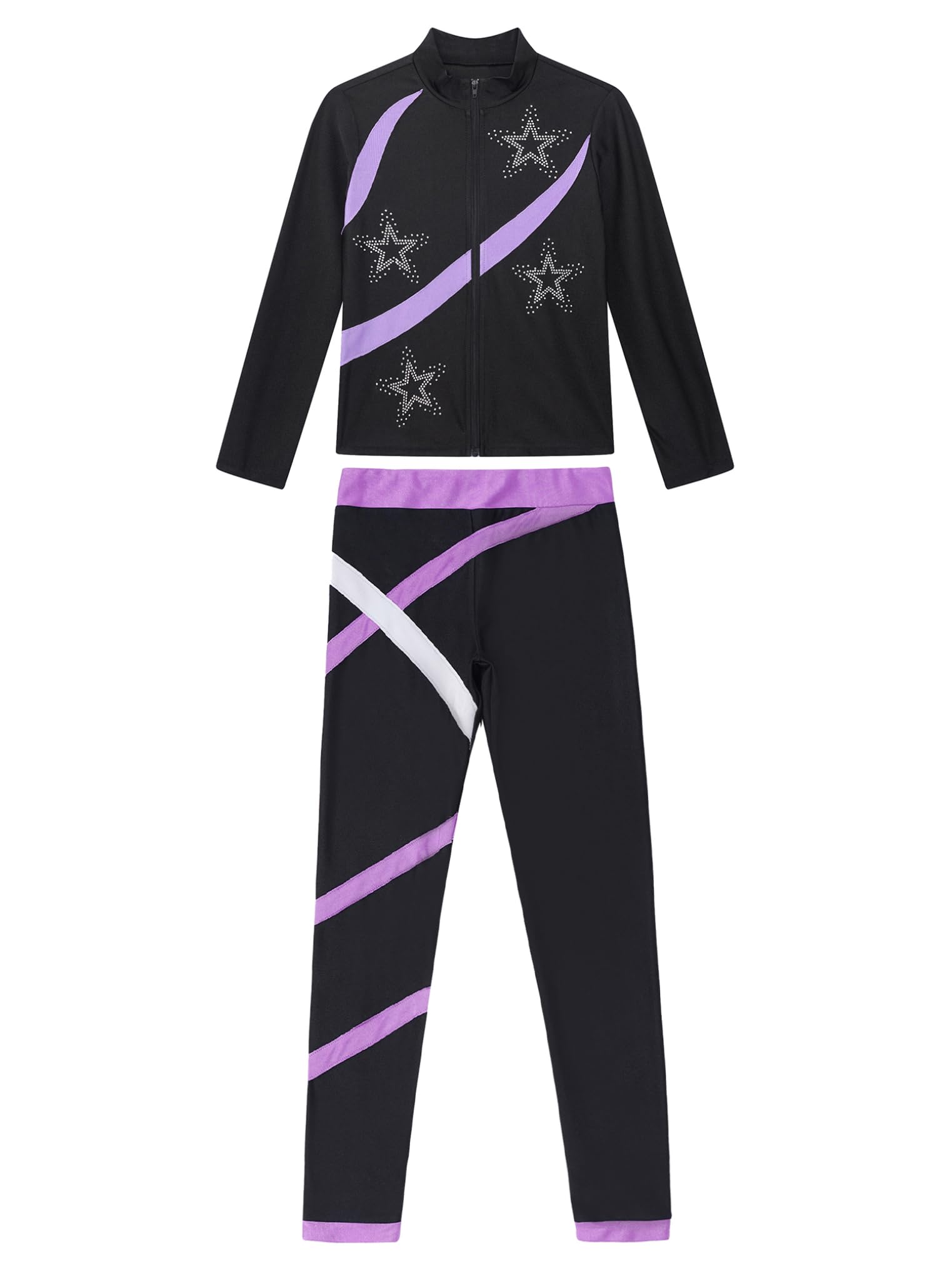 Freebily Kinder Trainingsanzüg Mädchen Eiskunstlauf Anzug Jacke Leggings Set Mit Strass-Stern Und Patchwork Eislaufen Sport Sweatsuit Tanzanzug Hellviolett 146-152
