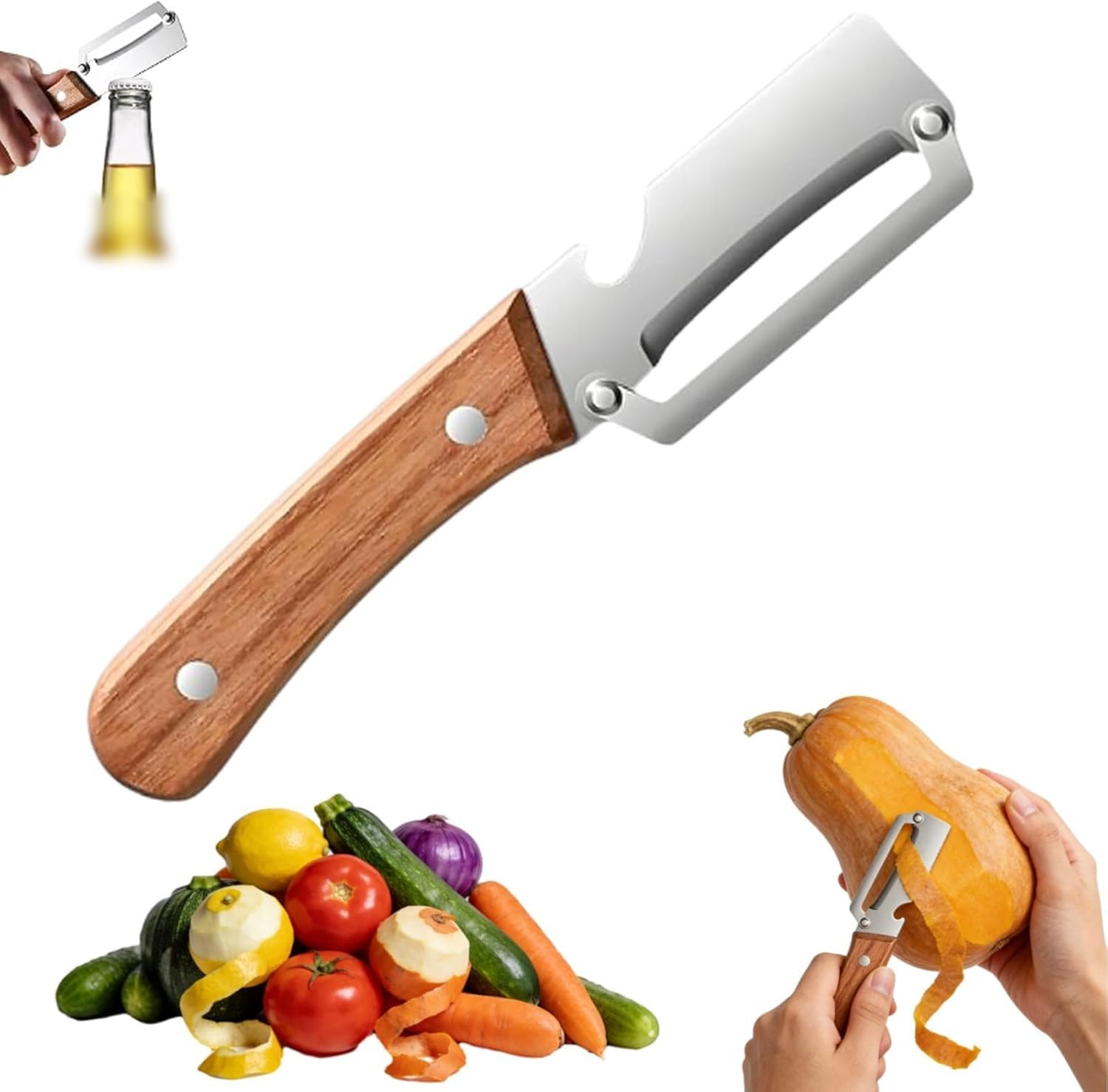 2 in 1 Premium Vegetable Peeler with Handle and Bottle Opener Stainless Steel Blade Kitchen Tool for Fruit Apple Potato Pumpkin Papaya Zucchini (1 PCS) - 2