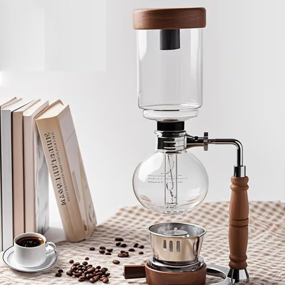 Glas-Siphon-Kaffeemaschine für 3 Tassen mit rustikalen Holzdetails