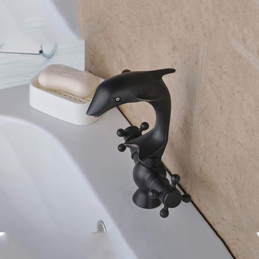 tive Black Dolphin Waschbecken aus Messing, Aufsatzwaschbecken mit einem Hahnloch und Zwei Griffen, Kalt- und Warmwasseranschluss für Badezimmer