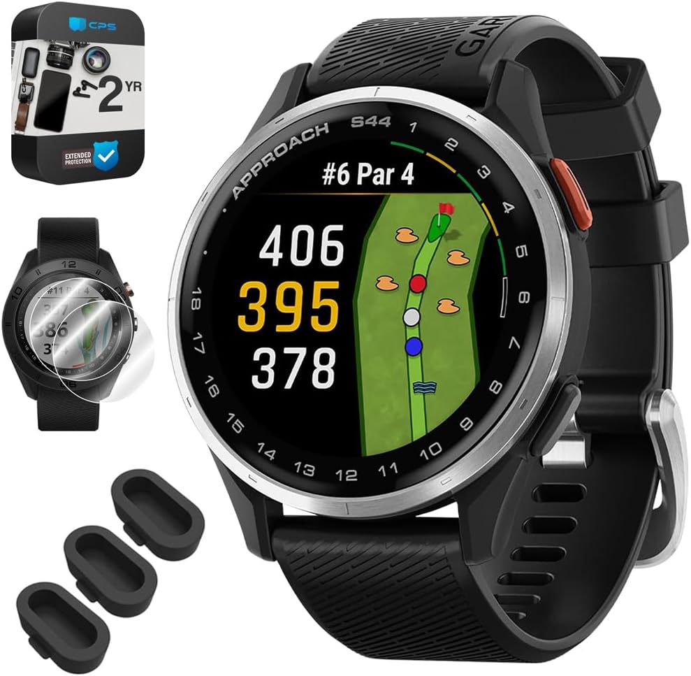 Garmin 010-03009-01 Approach S44 GPS Golf Smartwatch, Silver Aluminum Bezel with Twilight Band Bundle with 3X Silicone Dust Cover, 2X 1.2 Screen Protector and 2 YR CPS Enhanced Protection Pack