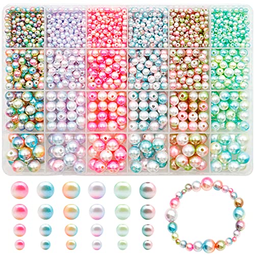 Dotilili 1890 Pcs Kit de Perle de Verre Rondes, 4/6/8/10mm Couleurs dégradées, Plastique Boules de perle d'écartement nacrées pour Bracelet Fabrication de...
