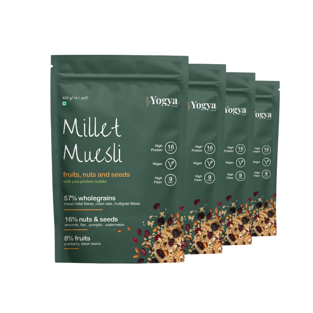 Yogya Foods Breakfast Cereal Millet Muesli | Fruits, Nuts & Seeds | 400g x 4 | High Protein & Fiber | Vegan | Naturally Gluten-Free | Healthy Breakfast Cereal with Pea Protein Isolate (Pack of 4) (B0DGWBX9PX) Amazon Price History, Amazon Price Tracker