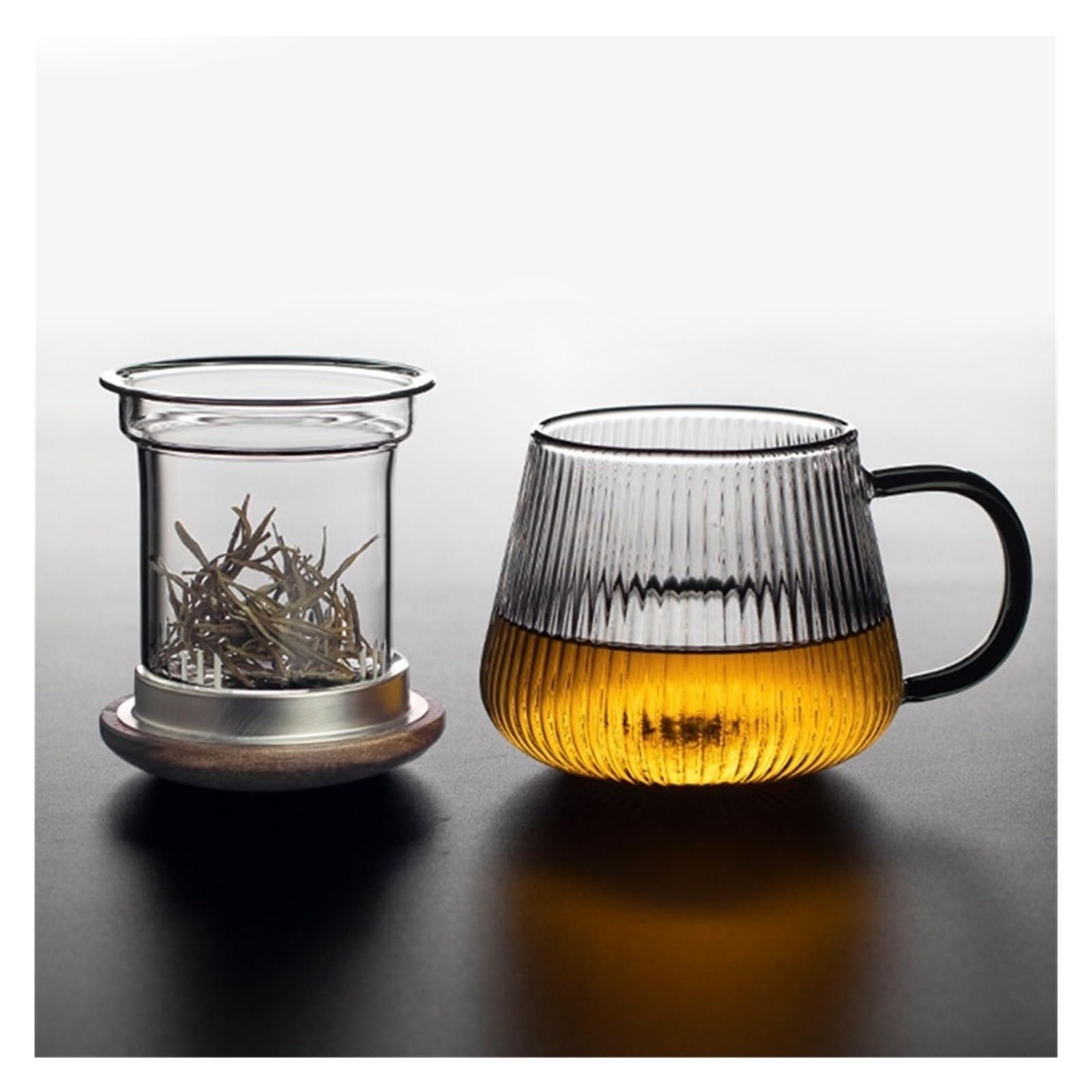 Copa de cristal Taza de té de vidrio rayado vertical con infusor y tapa(L)