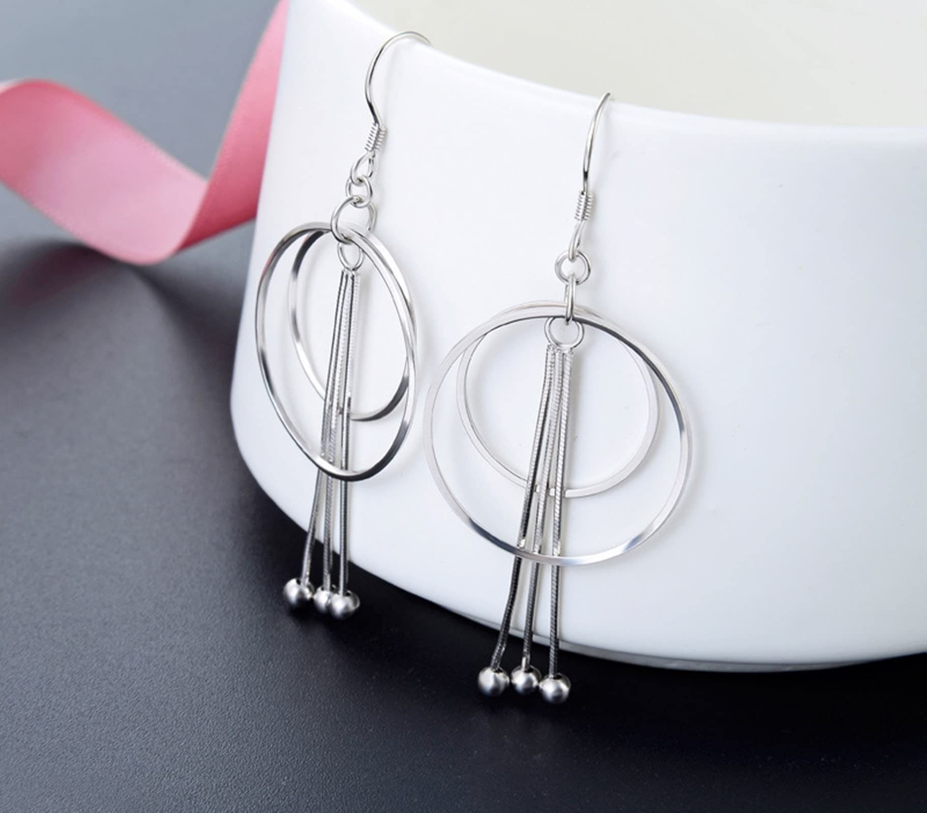 Orecchini pendenti in argento sterling, orecchini in argento per adolescenti tre grandi cerchi francesi filo alla moda da donna 53 x 25,1 mm, Nessuna pietra preziosa