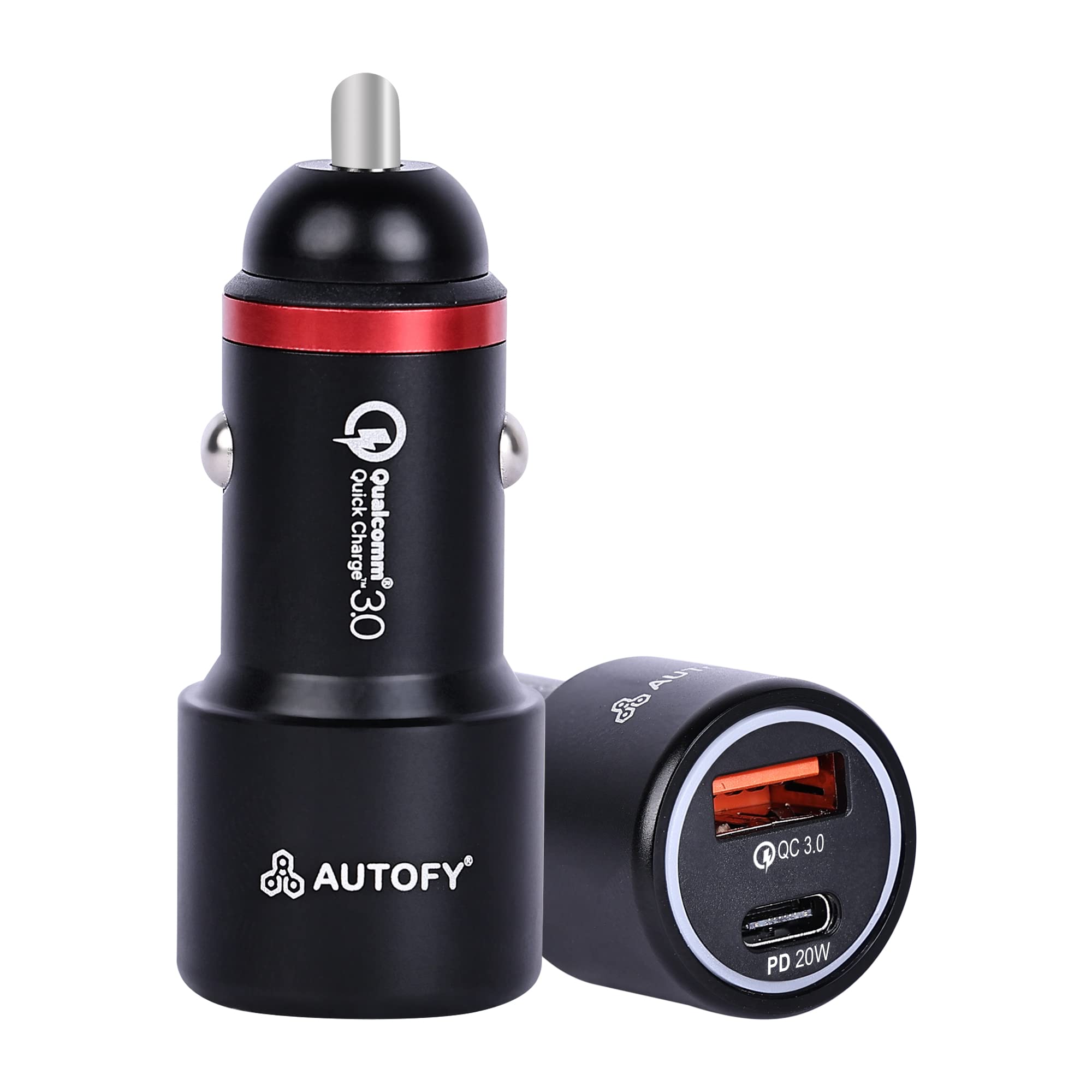 Autofy Flare-III 38W Car Charger, 20W Power Delivery Type-C and 18W Qualcomm Certified Quick Charge QC 3.0, Dual Port Fast Charging for Smartphones, Tablets and Smartwatches