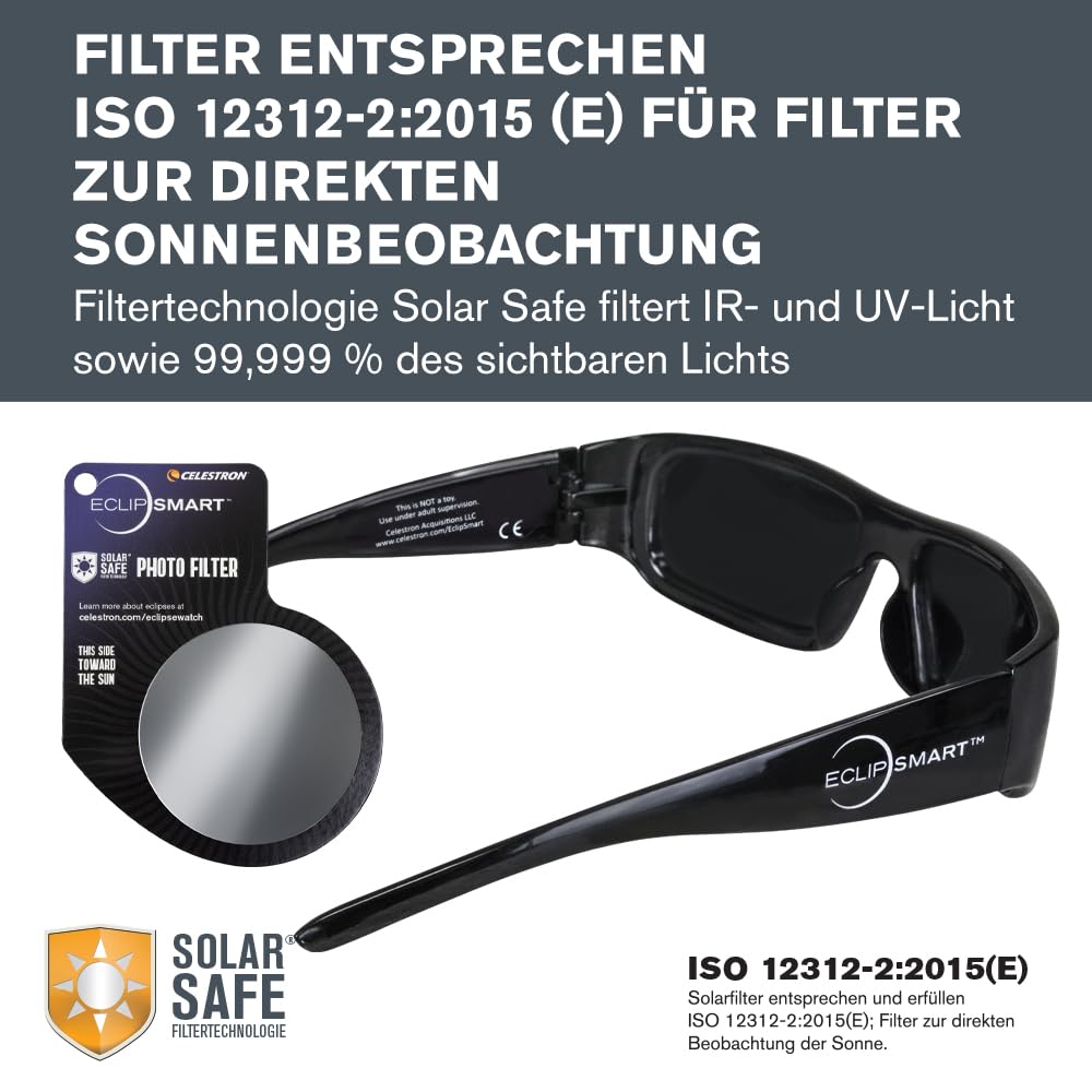 Celestron EclipSmart 3-teil. Set/Beobachtung u. Aufnahme der Sonnenfinsternis. Sonnenbrille, Kamerafilter und Buch. Filter gem. internationalem Sicherheitsstandard zur direkten Sonnenbeobachtung