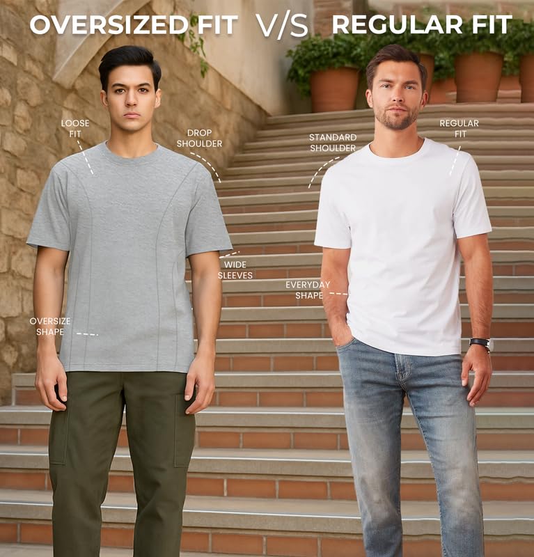 Image of Sleepynuts Men 220 GSM 100% Pure Cotton Oversized Baggy Fit Drop Shoulder Round Neck T-Shirt Pack of 3 (Smoky Grey, Dusty Blue, Off White-XL)