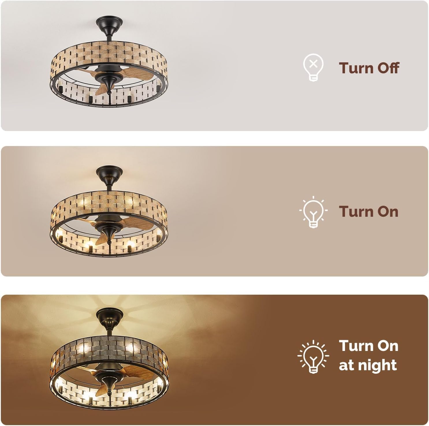 Orison 24" Caged Ceiling Fan with Lights, 2 Ways Control(App&Remote Control), Light Kit Included(8 Bulbs), Modern Farmhouse