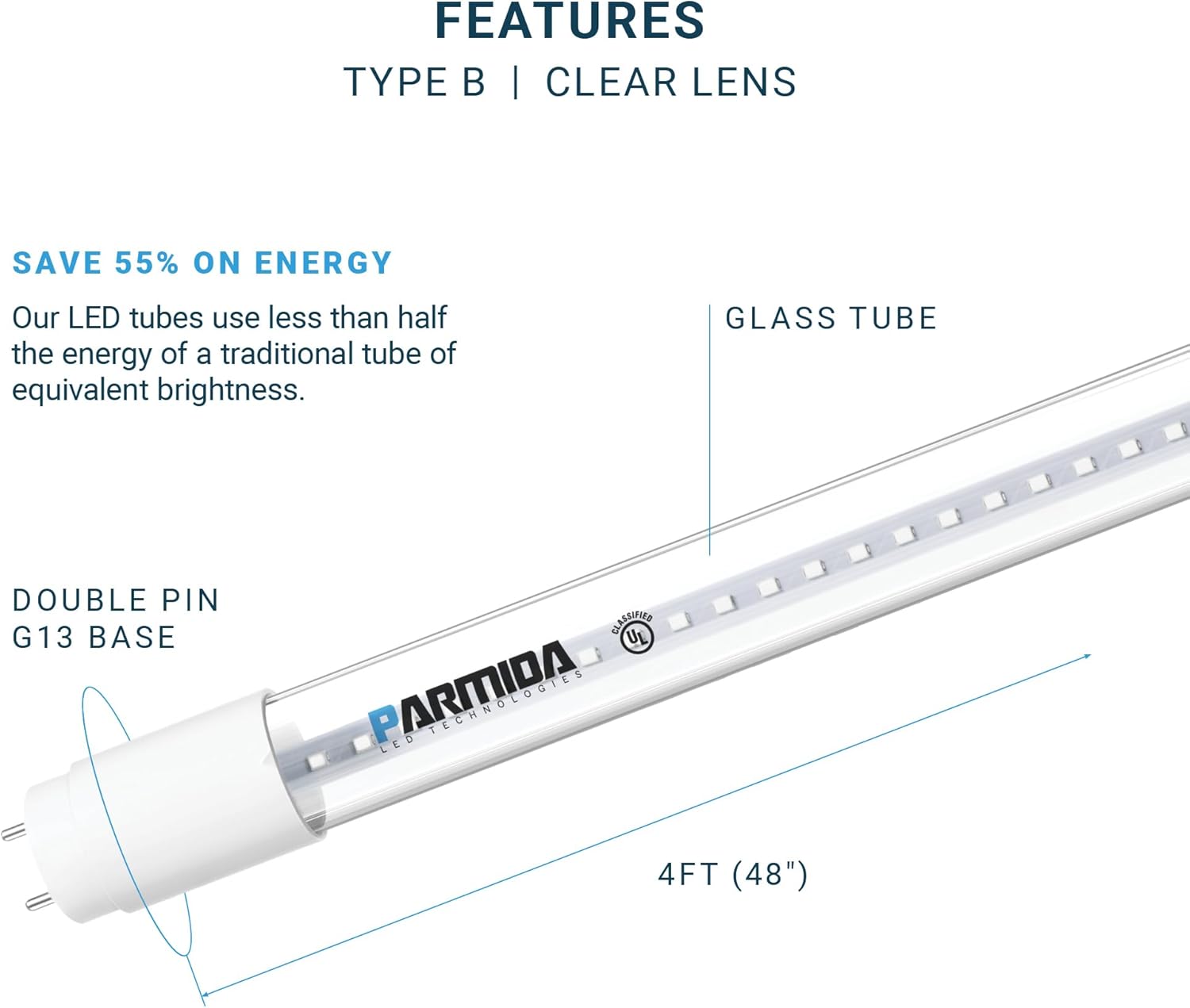 PARMIDA 20-Pack 4FT LED T8 Ballast Bypass Type B Light Tube, 18W, UL-Listed for Single-Ended & Dual-Ended Connection, 2200lm, Clear Lens, T8 T10 T12, UL, FCC - 6000K