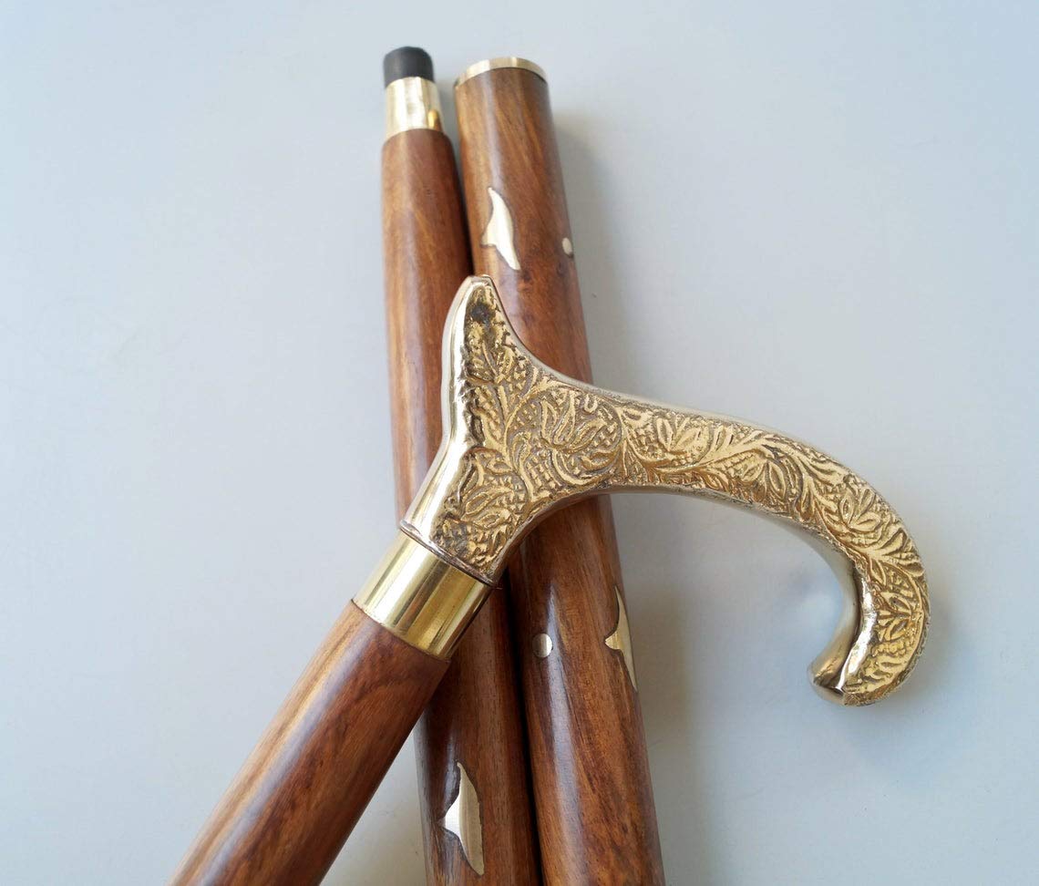 Bastone Da Passeggio Legno Maniglia Da Passeggio Vintage In Ottone Per Bastone - Stile Vittoriano, In Legno Di Palissandro, Riproduzione Antica Bastone Da Collezione 1800 - Foto 2