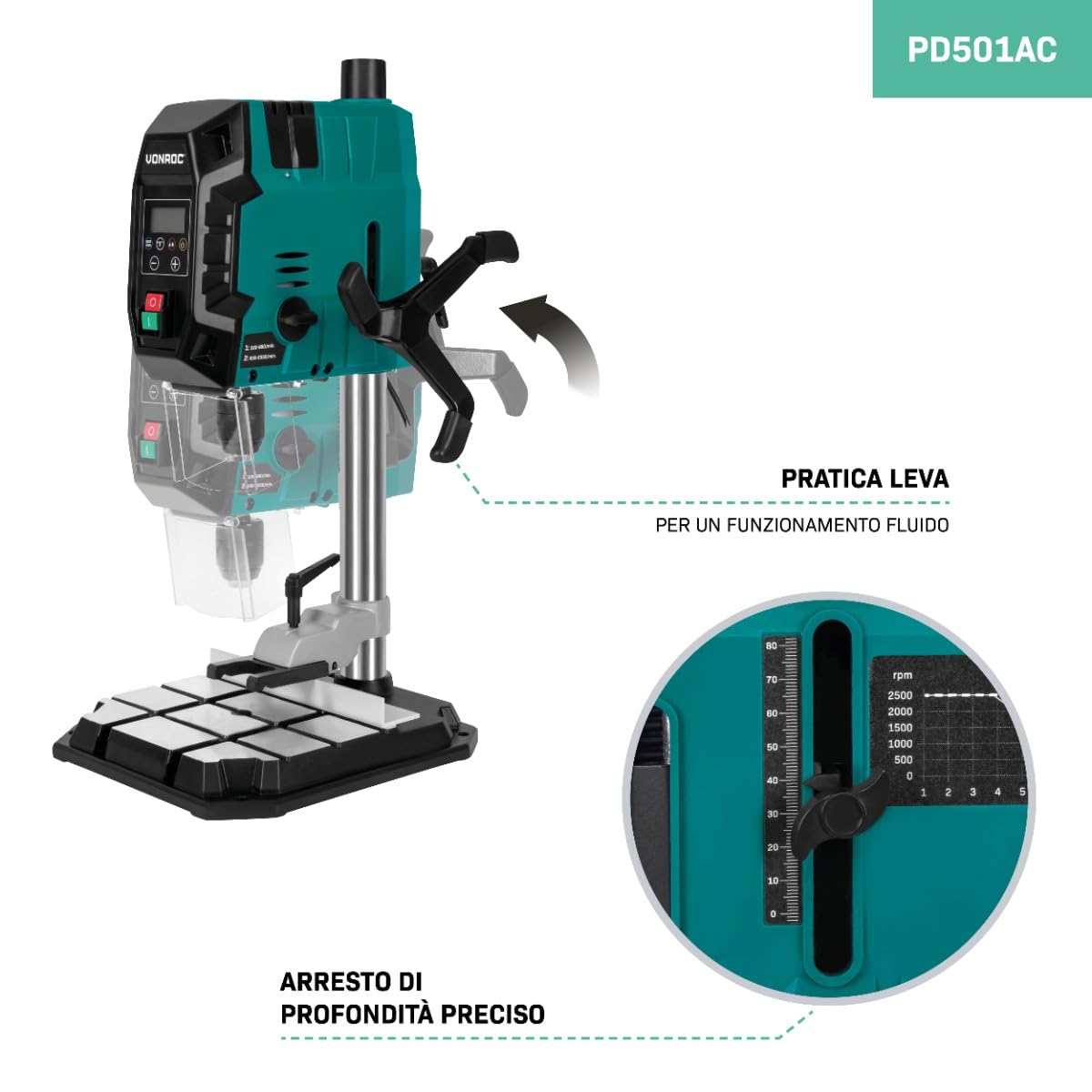 VONROC Trapano a colonna 900W - Con pannello di controllo digitale e display LCD | Accessori inclusi