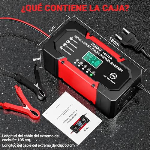 YDBAO Cargador Baterias Coche 12V 10A Cargador de baterias Coche y Moto Inteligente con Reparación y Pantalla LCD y Múltiples Protecciones Cargadors de batería para Auto,Moto, Camión, AGM, SLA, Gel