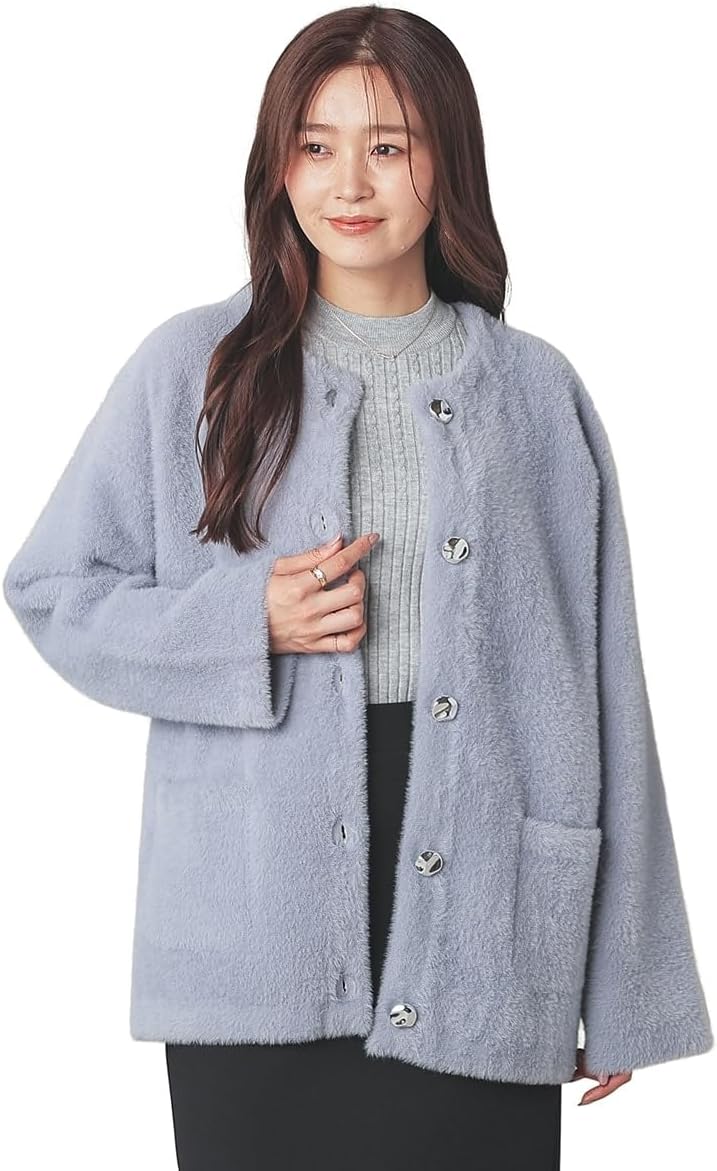 [ハニーズ] フェザーヤーン ノーカラーニットコート M サックス