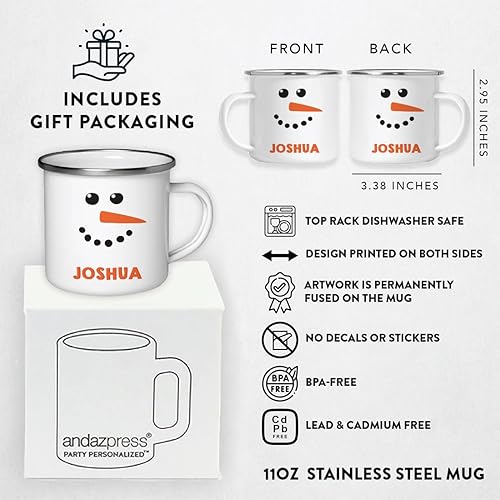 Miniatura 2 de Andaz Press Taza de café personalizada de acero inoxidable con chocolate caliente de Navidad para niños, 11 onzas, muñeco de nieve con nariz de