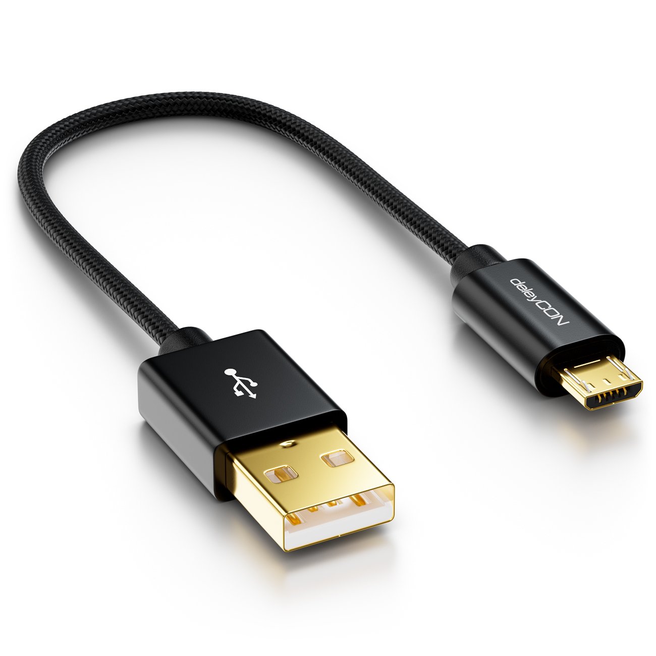 deleyCON Cavo Micro USB 0,15m Nylon + Cavo Metallico Cavo Dati di Ricarica Cavo di Ricarica Rapido Smartphone Tablet PC Laptop Notebook - Nero