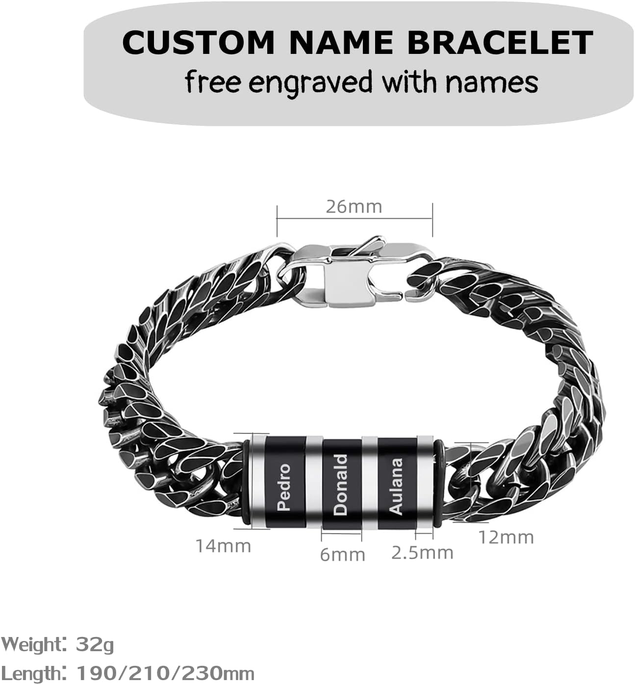 BAUMA AUTO Cuban Chain Link Bracelet with 1-6 Custom Names Stainless Steel Cuban Chain Bracelets Personalized Name Bracelets for Men Women