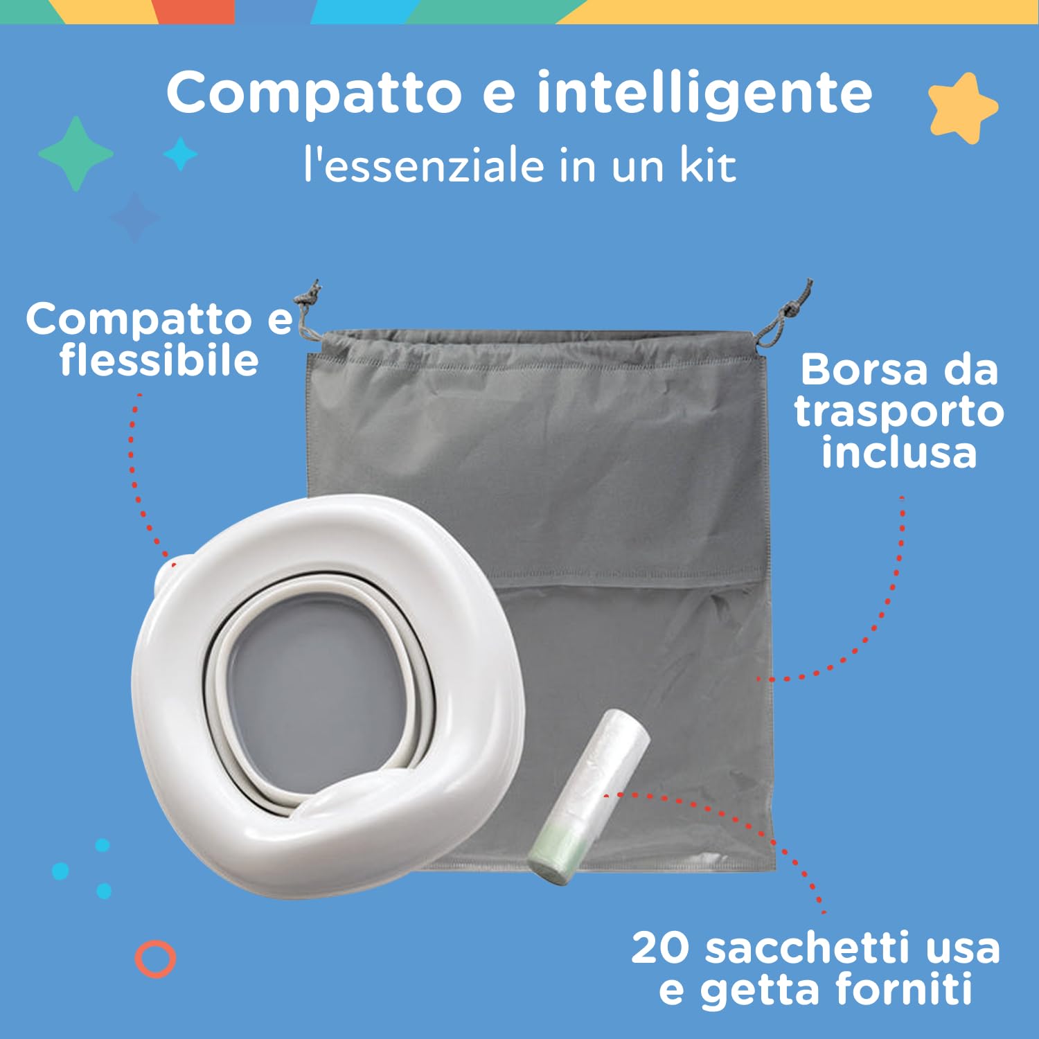 Nuby - Vasino portatile per bambini da viaggio - Wc portatile 2 in 1 Riduttore wc bambini o uso in autonomia - Con protezione paraschizzi e sacchetti usa e getta - Per imparare a usare il bagno