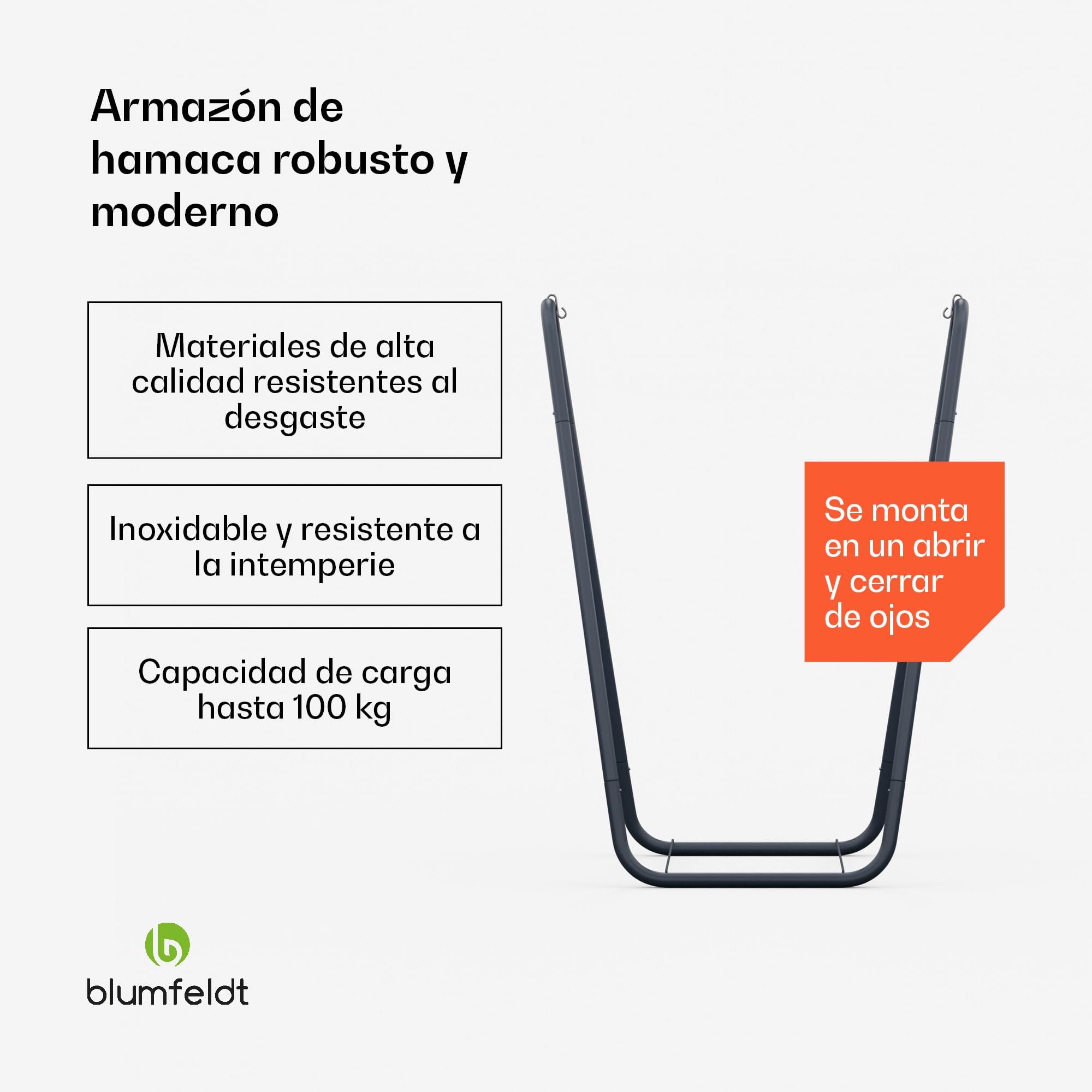 blumfeldt Soporte Estructura de Hamaca – Armazón de Acero para Hamaca, Capacidad 100 kg, Resistente al Óxido e Intemperie, Diseño Estable, 81,5×147×111cm