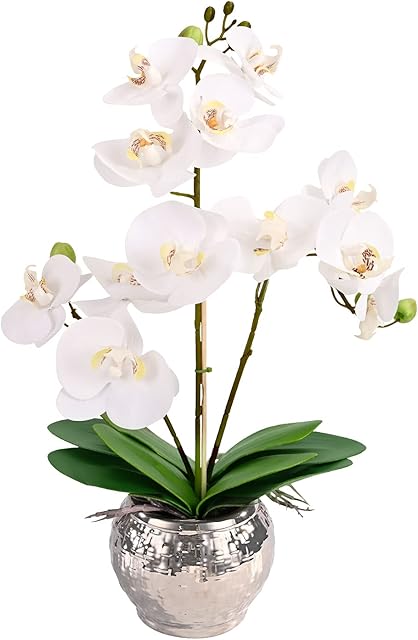 RENATUHOM Artificial Orchid Flowers White Faux Orchid Artificial Flowers For Decoration Large Orchid Plants Indoors In Silver Pots Bedroom Bathroom Ornaments Home Office Table Centrepiece