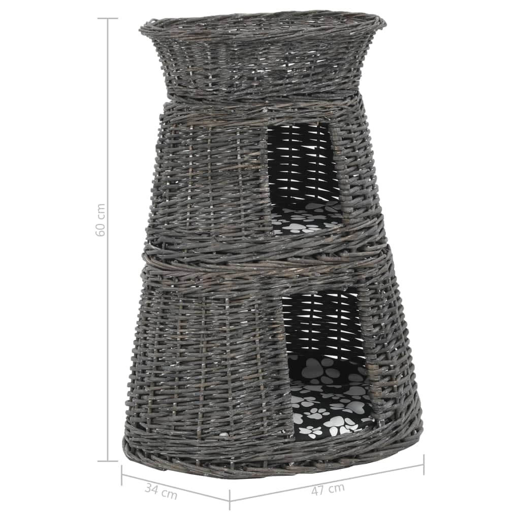 Juego de 3 cestas para gatos con cojín gris 47 x 34 x 60 cm mimbre natural, cesta para gatos, rascador, árbol trepador de sisal, muebles rascadores, cueva, nido interior para adultos, gatos y