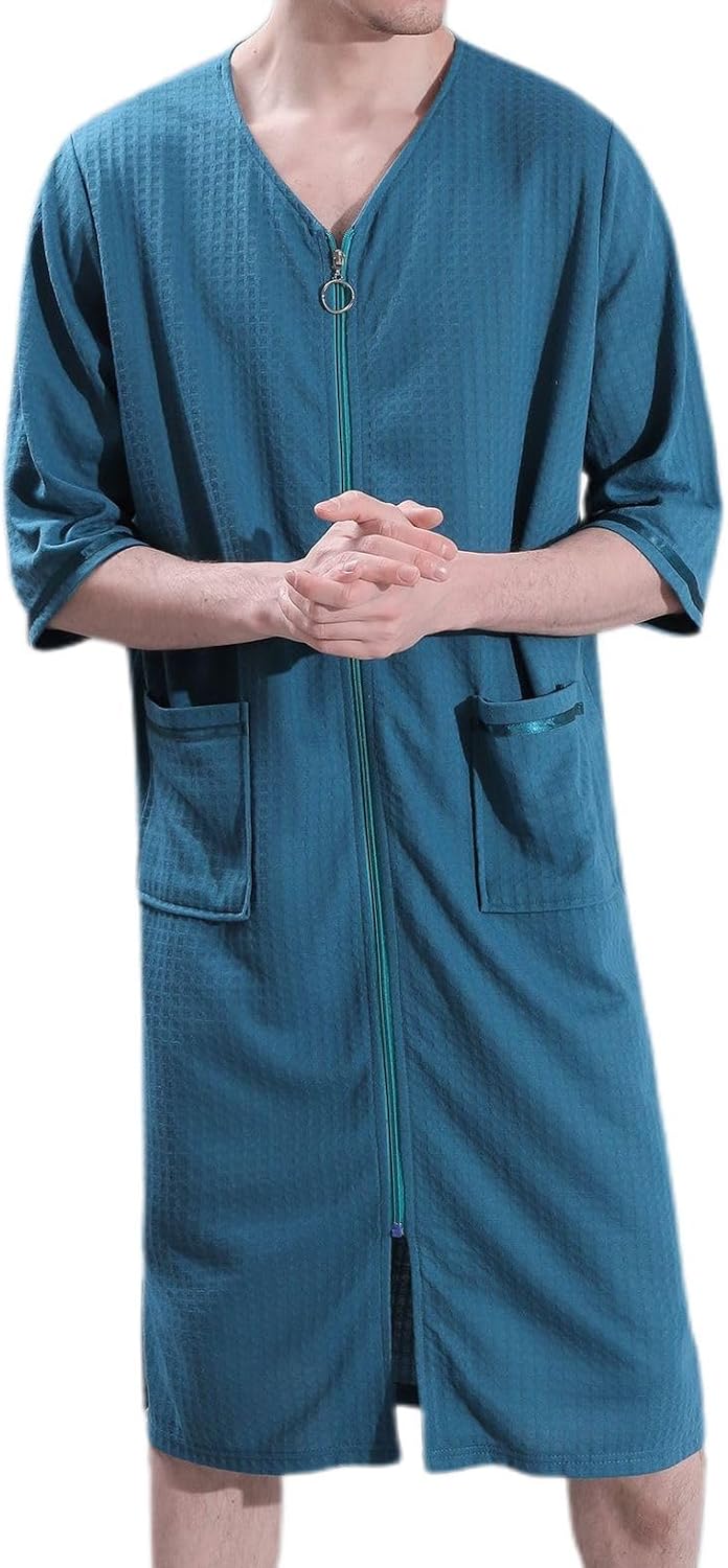 Men's Summer House Coat V Neck Soft Zipper Robe Comfy Knee Length Lounge Sleeping