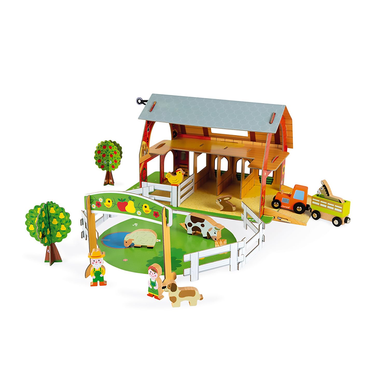 Janod - Granja de Animales Story - 10 Figuritas de Madera Animales, Personajes y Vehículos- Juguete de Imaginación - Compatible con Los Raíles Existentes En el Mercado - Desde 3 Años, J08577