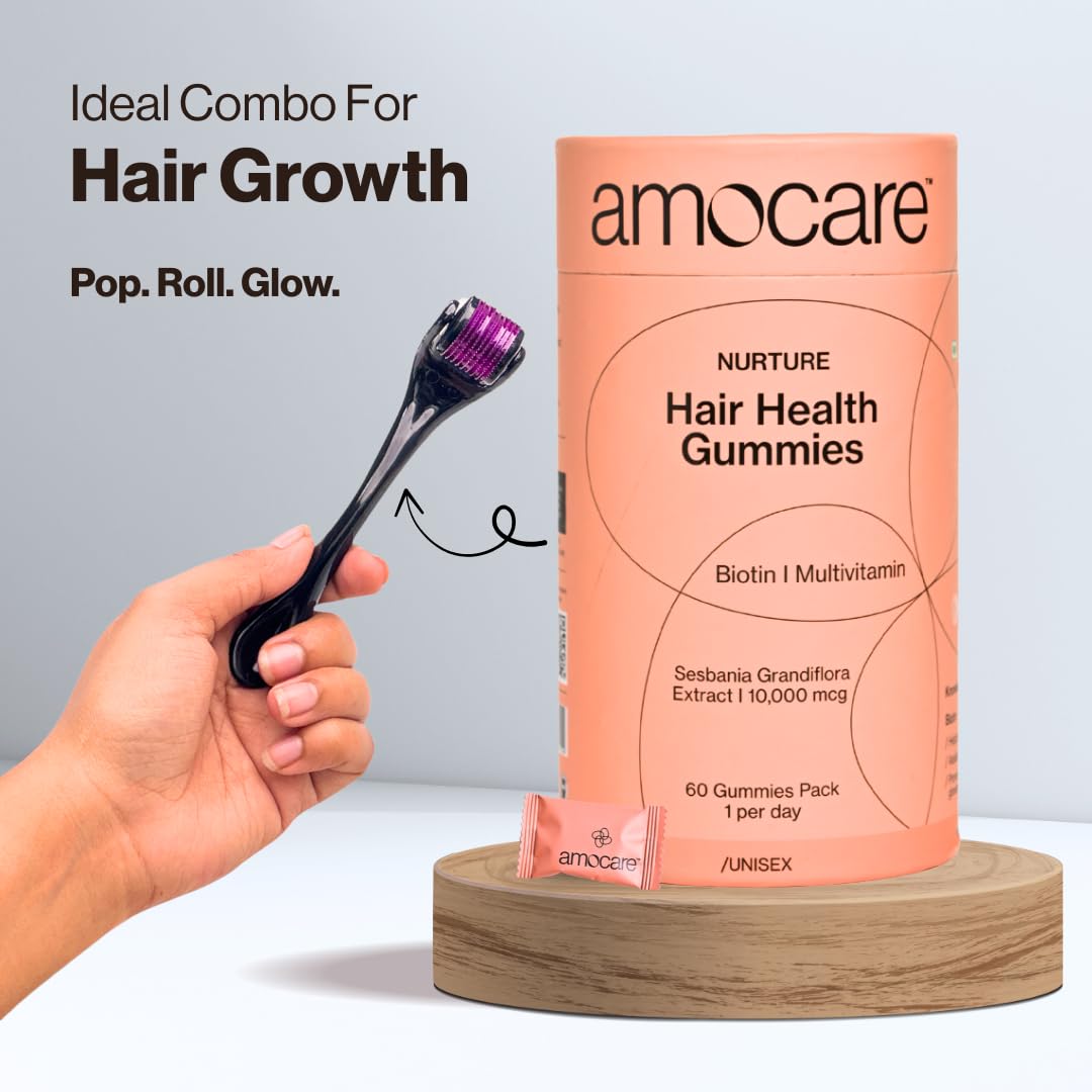 Amocare Biotin Gummies & 0.5mm Derma Roller Combo for Hair Growth & Skin Care | 10000 mcg Biotin Gummies with 540 Titanium Microneedle Roller for Men & Women 4