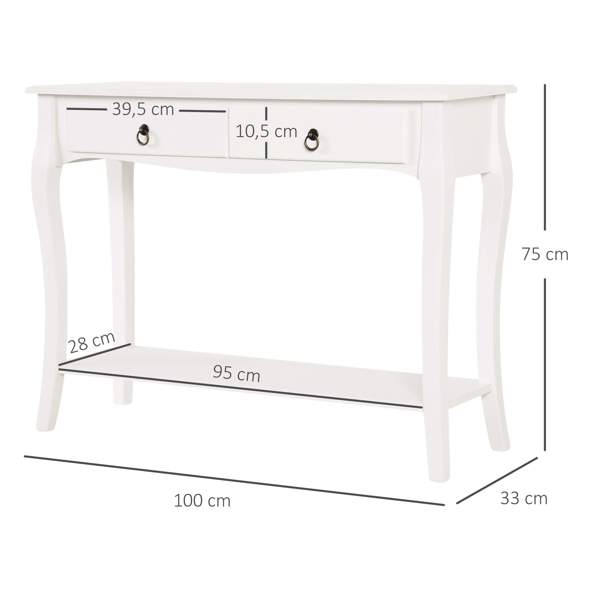 HOMCOM Mesa Consola Aparador con Cajones Madera 100x33x75cm Blanco Brillo | Salón Comedor, Mueble Recibidor, Mesa Auxiliar, con Estante, Diseño Elegante