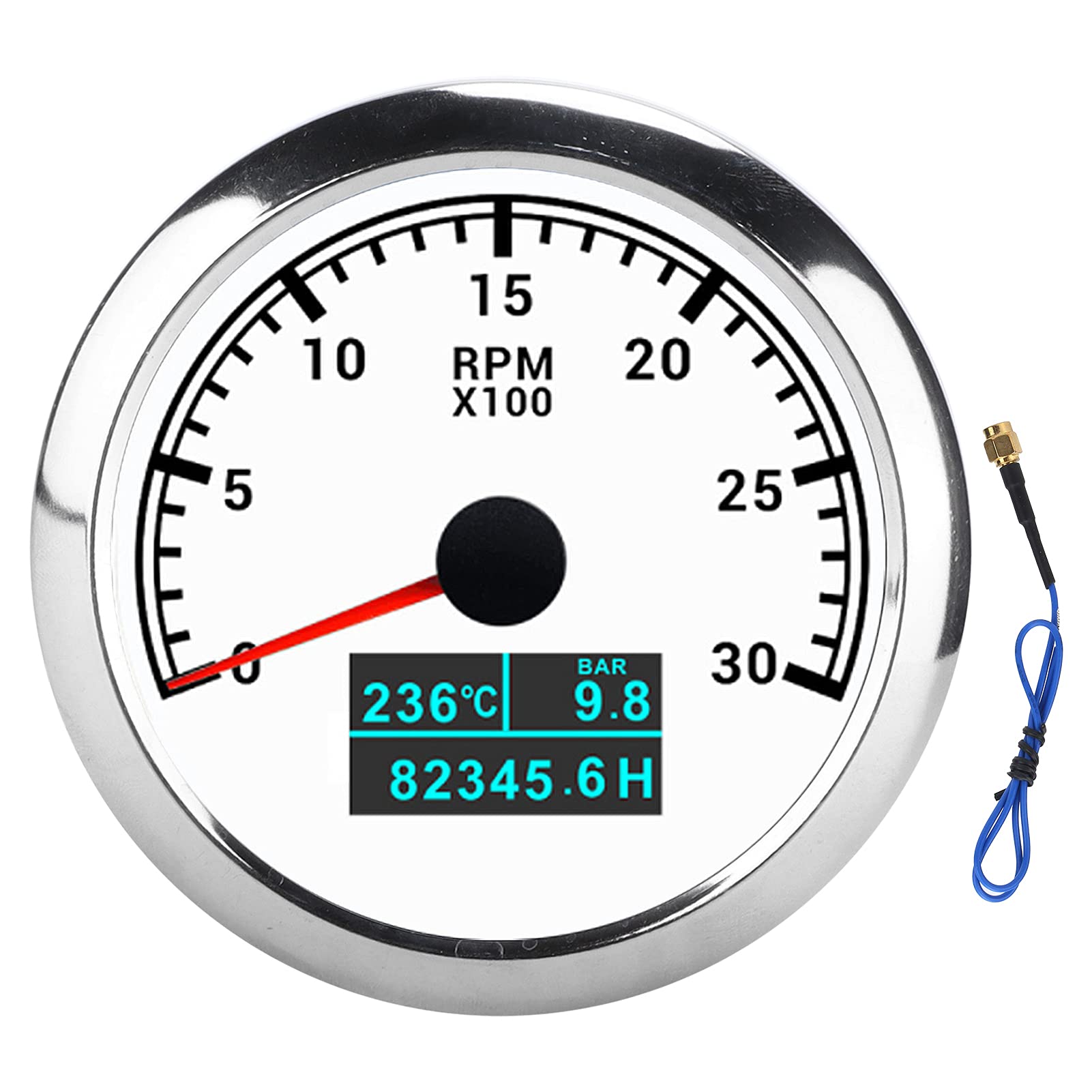 Tacómetro de Puntero, Tacómetro RPM de Acero Inoxidable ABS RPM RPM Instalación Fácil para la Modificación del Automóvil Barcos de Automóvil (esfera blanca)