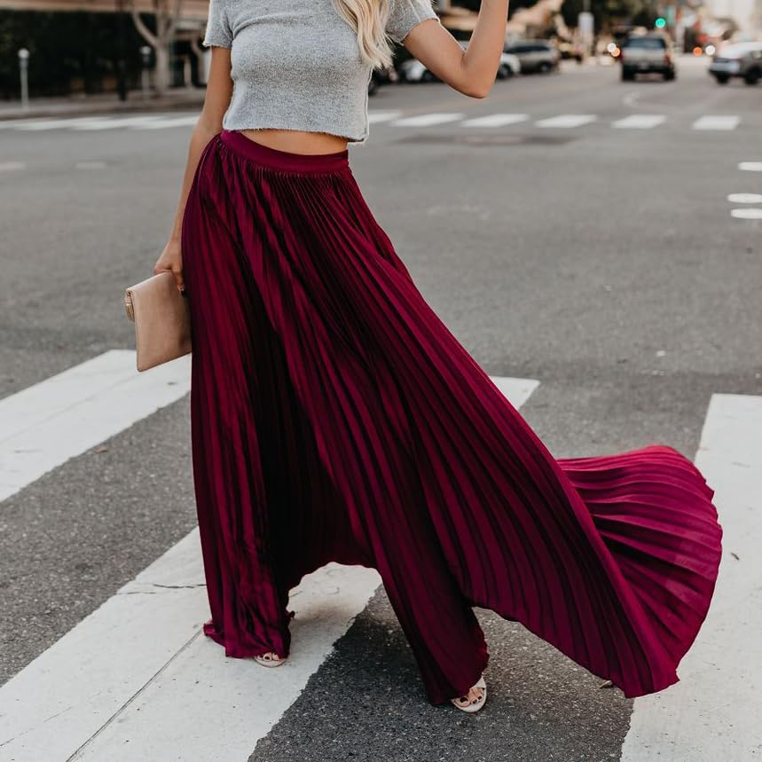 Women's Elegant Pleated Accordion High Elastic Waist Flowy Swing A-Line Maxi Skirts3