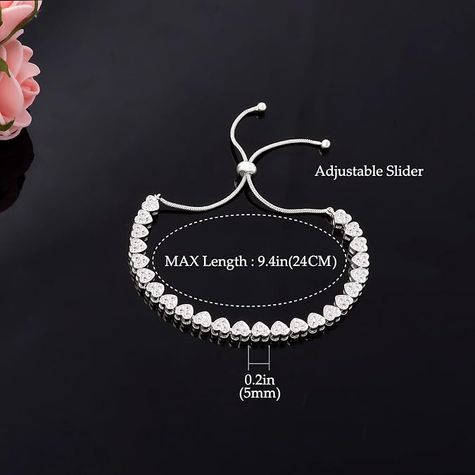 JSGEMSLEE 14K Gold Rose Gold White Gold Plated Cubic Zirconia Tennis Bracelet for Women Heart Shape CZ Adjustable Tennis Bracelet Fashion Jewelry Gifts for Women Girls