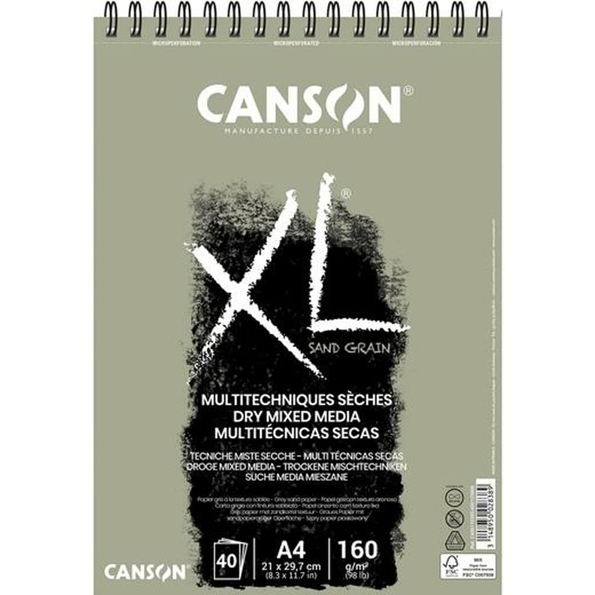 CANSON XL Sand Grain Dry Mixed Media 160gsm A4 SPIRAL GREY 40S A4, Grey