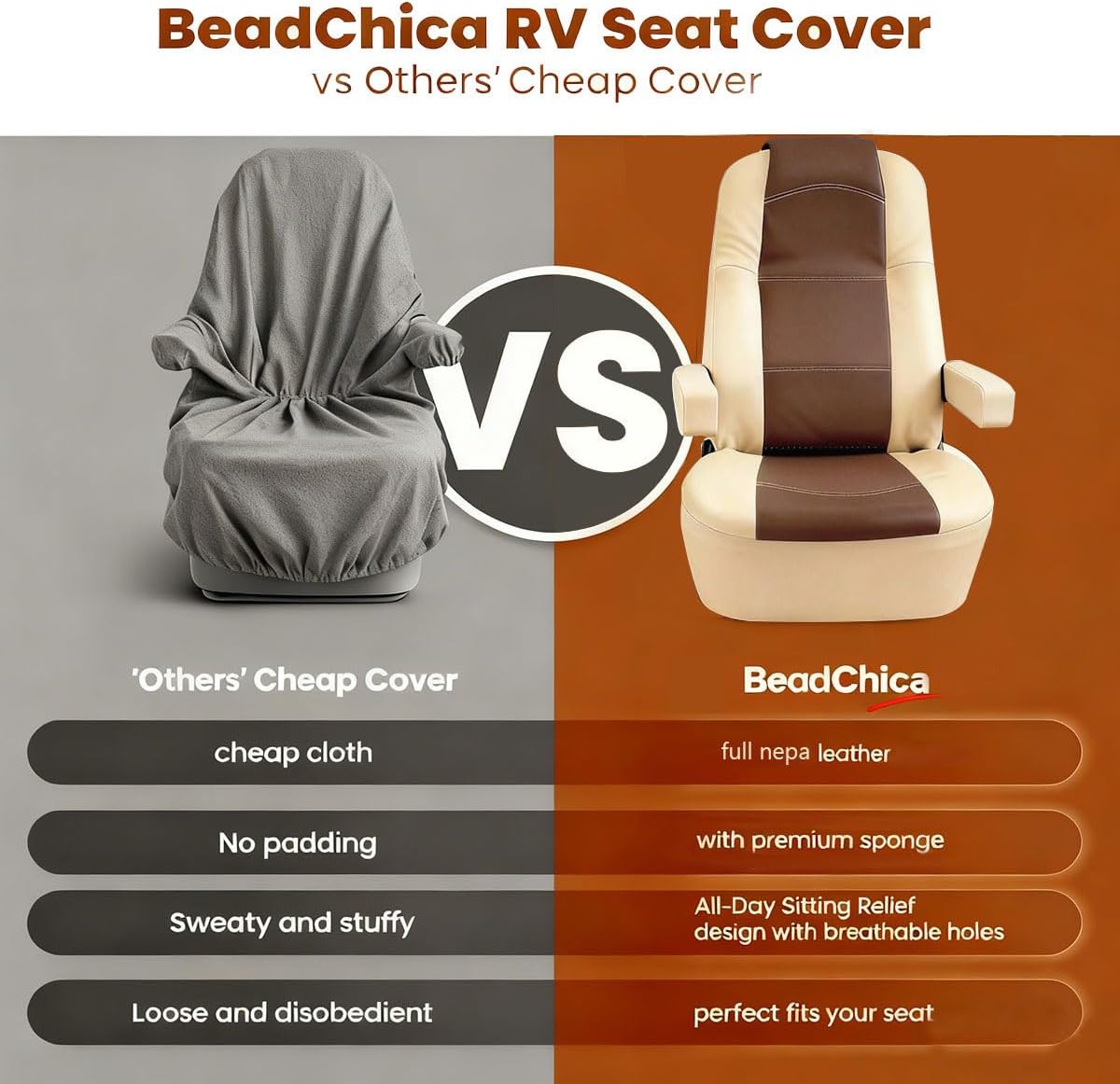 BeadChica Upgraded Full Leather RV Seat Covers for Captains Chairs Motorhome Camper Trailer Truck Seat Covers for Class-A RV Seat with Leather Arm Rest Covers (2 Pack)