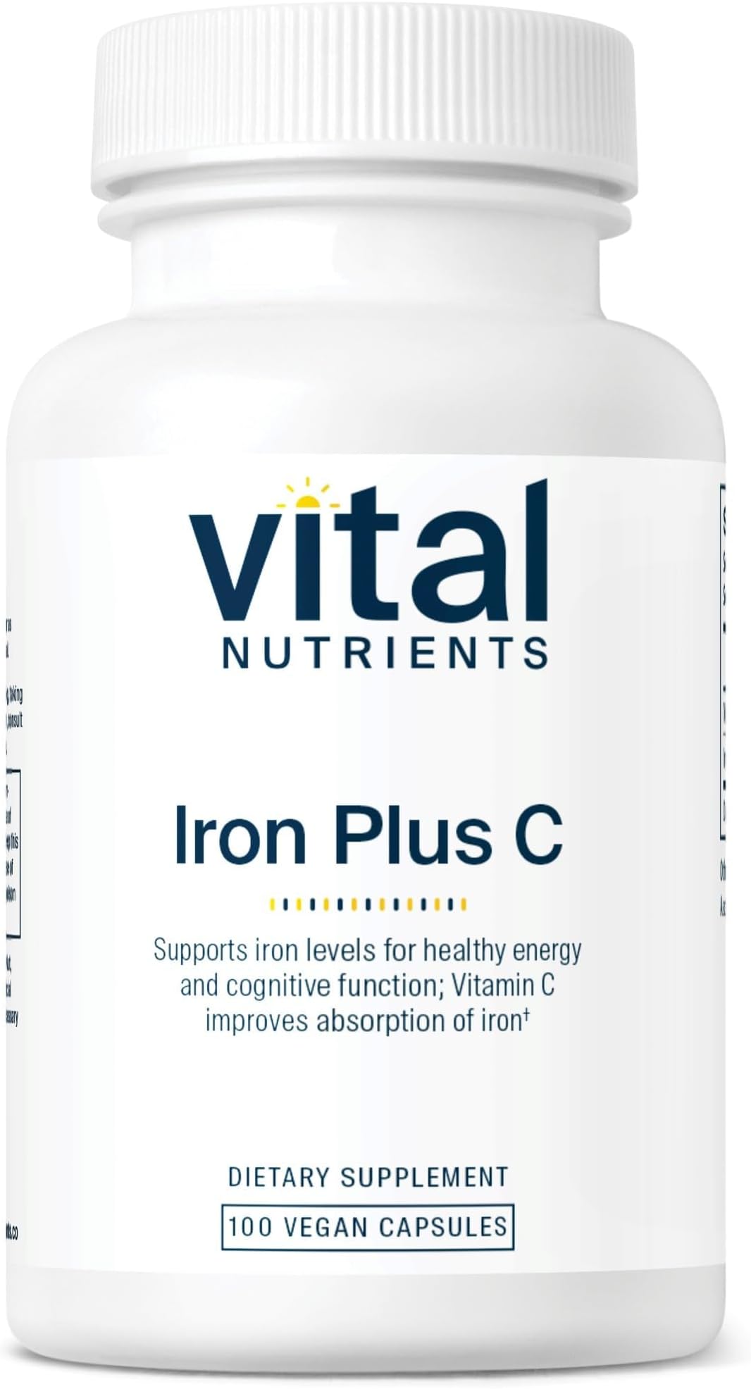 Iron Plus C - Vegan Iron Supplement - 20mg Fe with 200mg Vitamin C to Increase Fe and Energy Levels - Gluten, Dairy, Soy Free - Non-GMO - 100 Capsules
