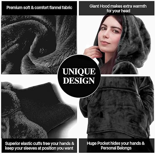 Miniatura 5 de Manta con capucha, manta con mangas usables, acogedora y cálida sudadera con capucha gigante, talla única, con capucha grande y bolsillo enorme