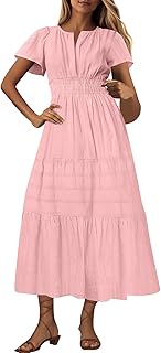Vestido largo casual de verano para mujer, casual, ligero, manga corta, cuello en V, cintura elástica, color sólido, elegante, clásico, cómodo, bohemio, playa, descanso, uso diario
