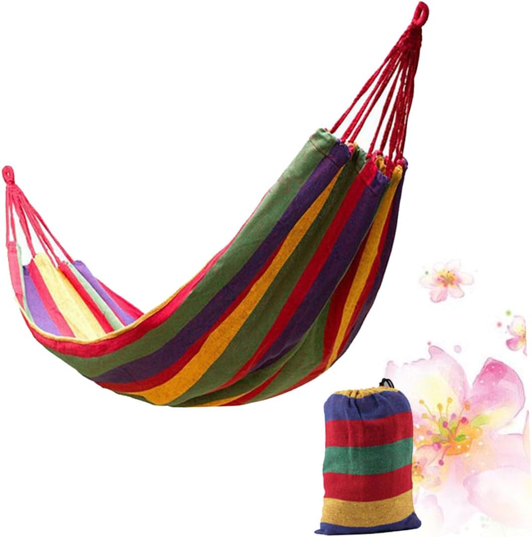 Double Thickened Canvas Outdoor Hammock with Two Binding Ropes and Carry Bag Lightweight Camping Swing Chair in Red for Travel Backpacking Relaxation