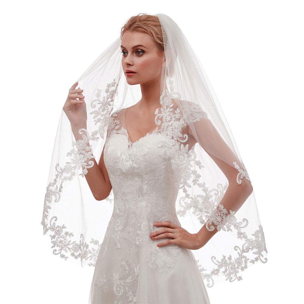 Velo da Sposa Corto Romantico da Donna a 2 Strati in Pizzo con Pettine, Lunghezza Fino alla Punta delle Dita, per Accessori da Sposa