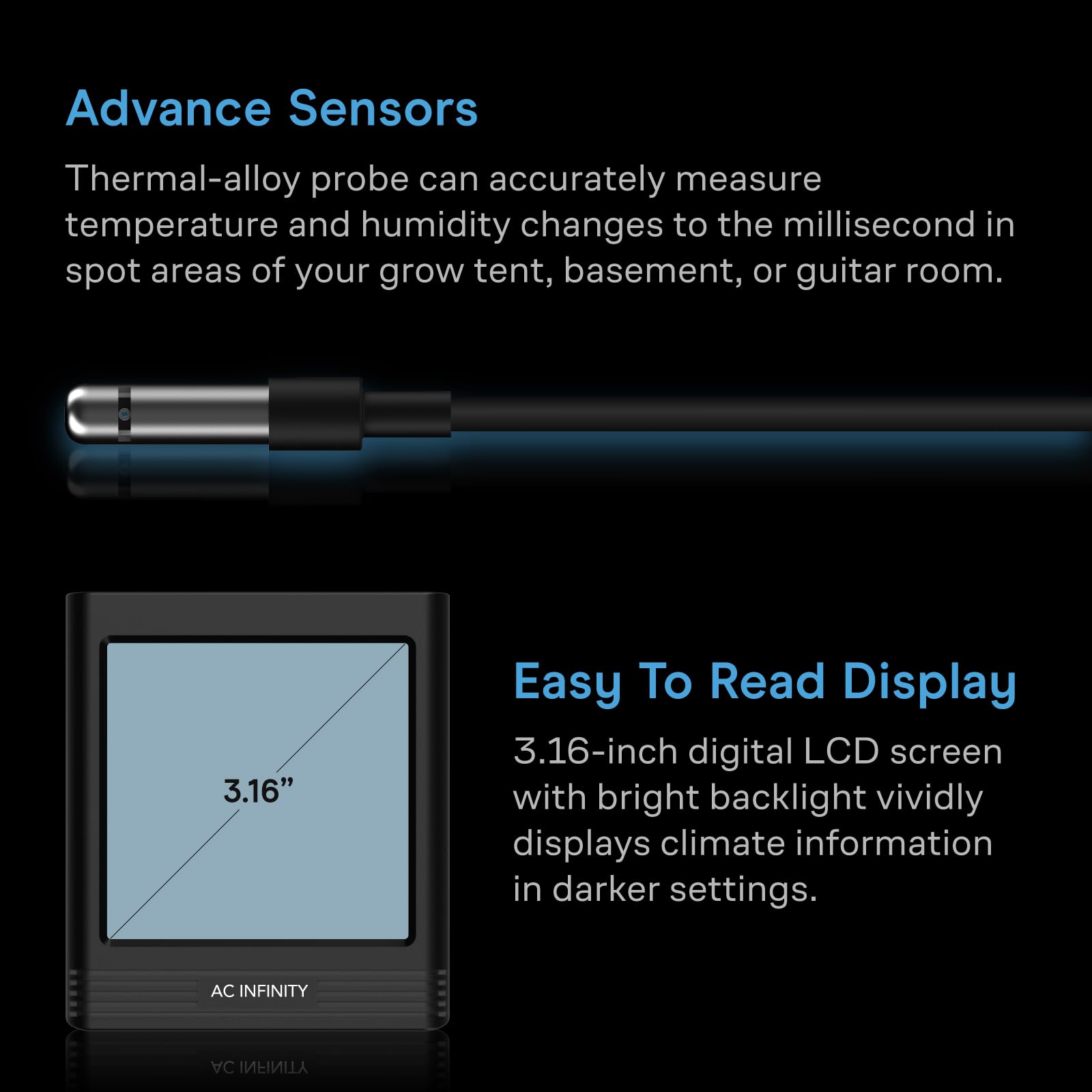 AC Infinity Cloudcom B1 inteligentny higrometr temperatury i wilgotności VPD z wyświetlaczem LCD i aplikacją Bluetooth, sonda czujnika temperatury do piwnicy, pomieszczeń gitarowych