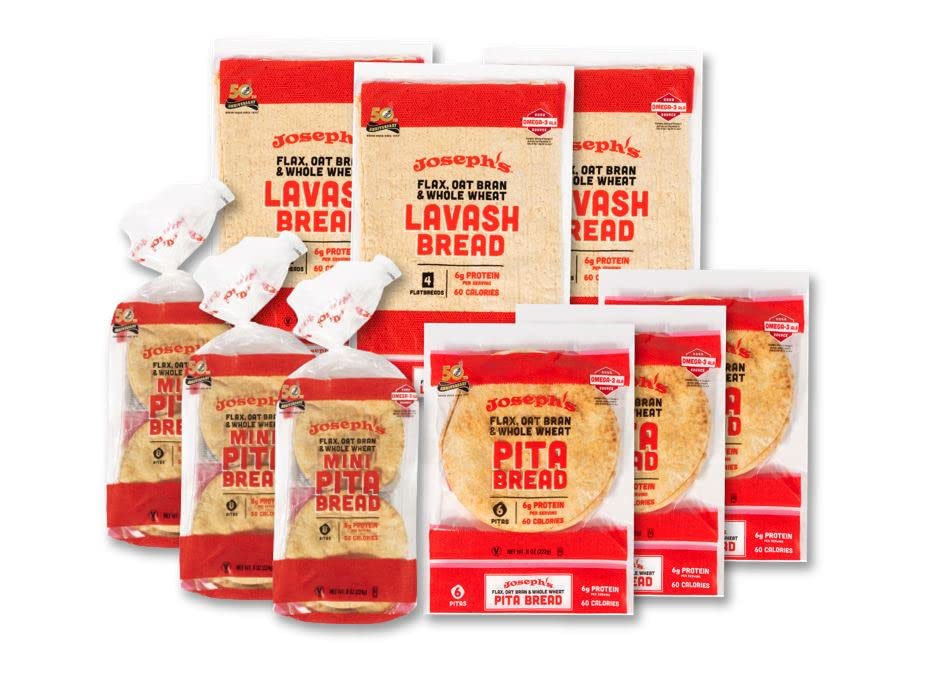 Joseph's Combo Value Pack, Flax, Oat Bran & Whole Wheat, Low Carb Pita Bread, Lavash Bread, and MINI Pita, Fresh Baked (3 Packs Each, 9 Packages Total)