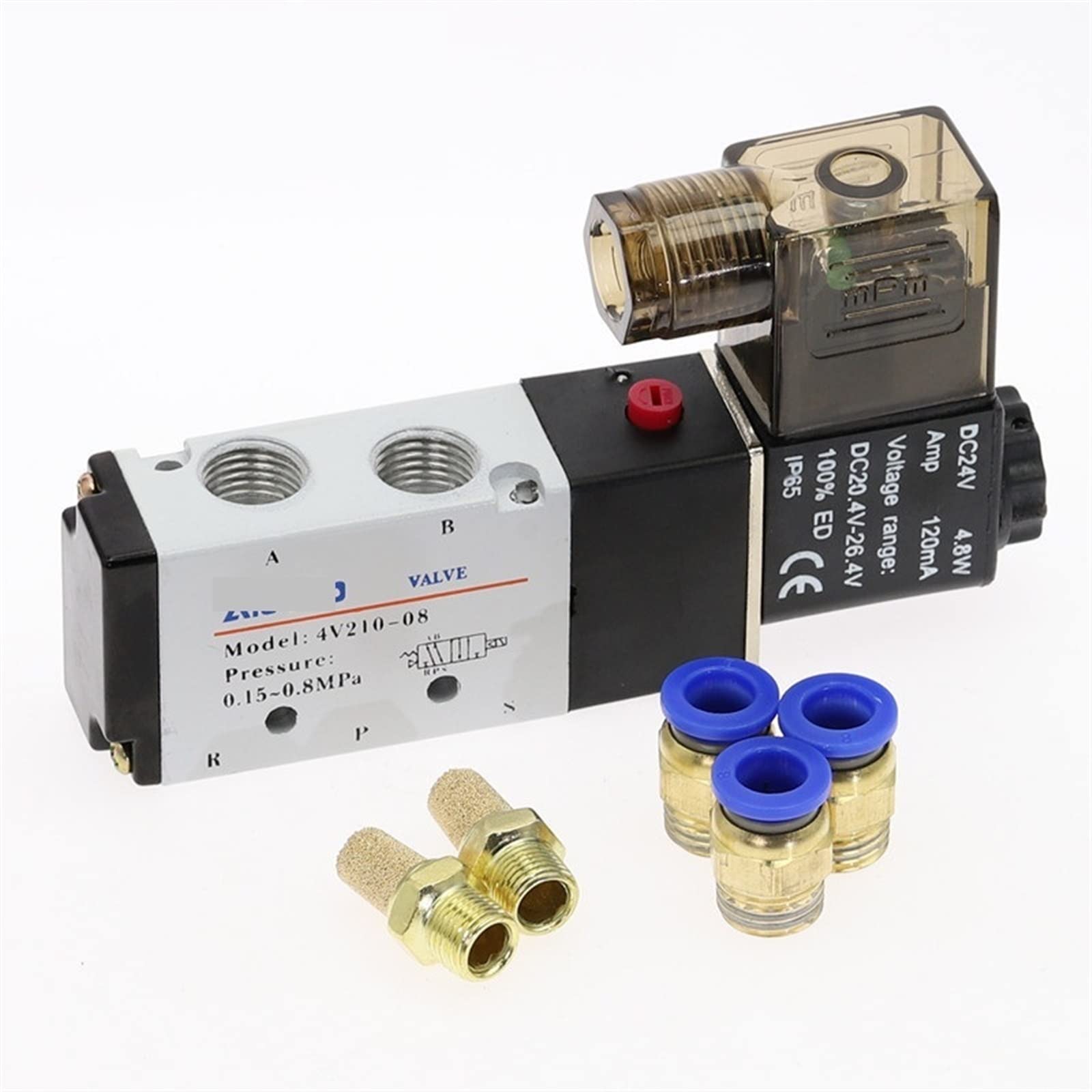 Válvula solenoide eléctrica neumática de 5 vías, control de 2 posiciones, válvula magnética de aire y gas, 12 V, 24 V, 220 V, 4 mm-12 mm, accesorios de manguera, 1 unidad (4v210-08, AC220)