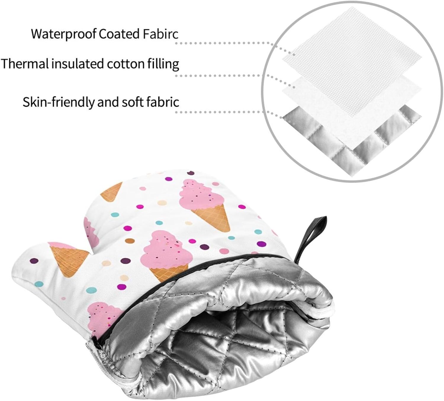 (Ice Cream Cones) Baking 4-Piece Set: 2 Oven Mitts and 2 Pot Holders Heat Resistant Waterproof Hanging Loop for Kitchen Oven Grill Housewarming Gifts