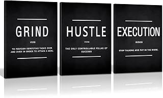 KAWAHONE Grind Hustle Execution Motivational Canvas Wall Art 3-Piece Framed Set, Ready-to-Hang Office Gym Home Decor
