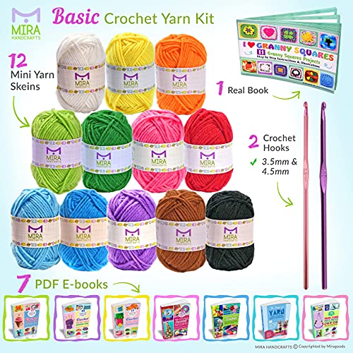 Mira Handcrafts 12 Acrylic Yarn Skeins, 2 Crochet Hooks And Real Project Book - Total 516 Yards Crafts Worsted Yarn – Ideal Starter Kit And Excellent For Mini Projects And Granny Squares #TOP1