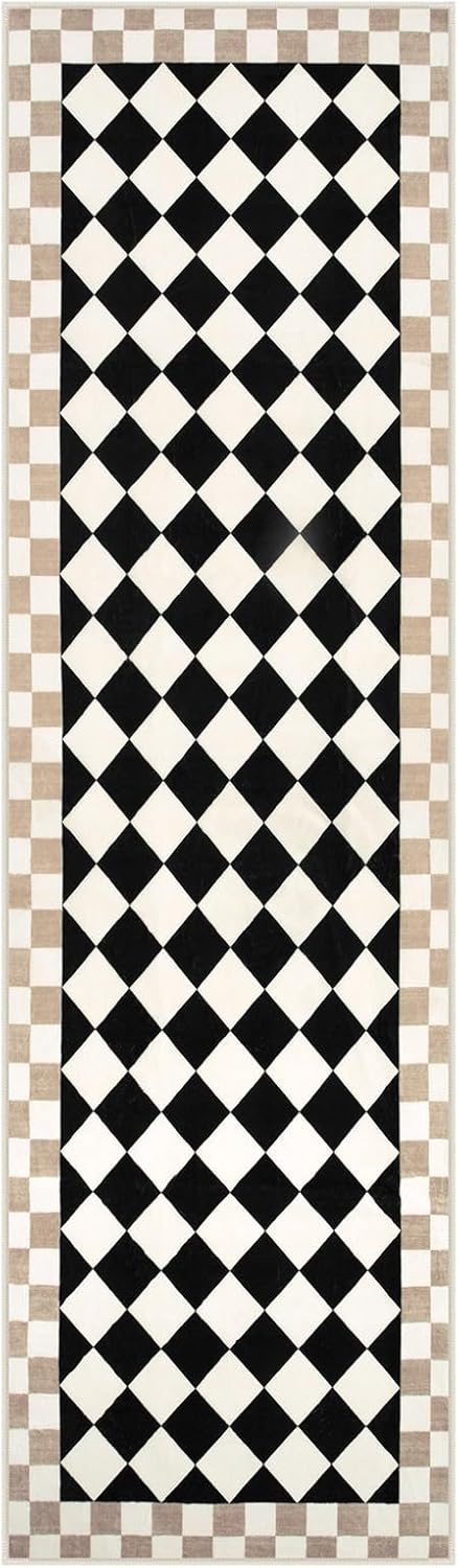 Morebes Checkered Rug Runner for Kitchen, 2x7 Black Washable Runner Rug for Hallway Non-Slip, Checkerboard Soft Indoor Bedroom Carpet Runners for Entryway Bathroom Nursery
