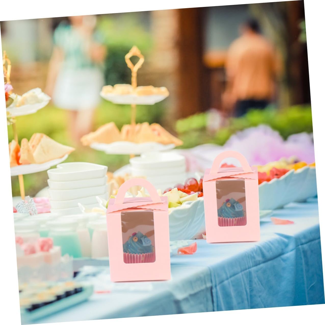 50pcs Pink Paper Cake Box with Window and Handle, Single Muffin Cupcake Holder, Portable Dessert Container for Party and Wedding